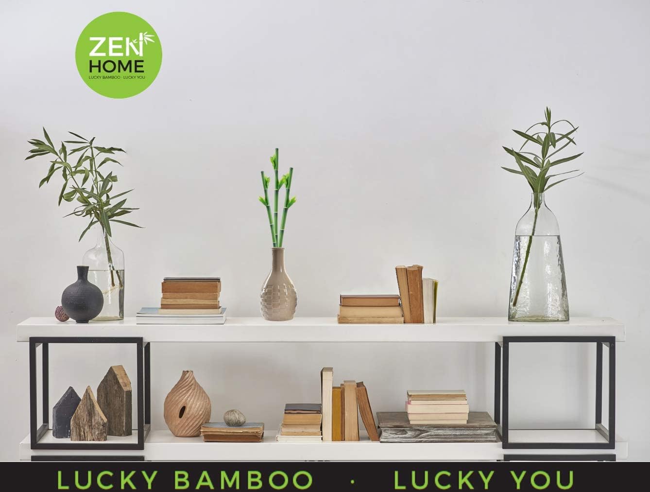 Zen Home Bambú de la Suerte Artificial on bookshelf with decor.