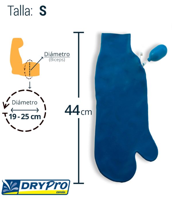 Funda protectora de látex quirúrgico azul para brazo, talla S, impermeable y con sistema de aspiración al vacío.